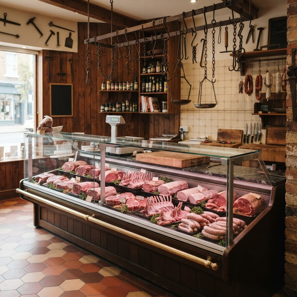 The TJ's Quality Meats display counter with fresh cuts of beef, lamb, and pork
