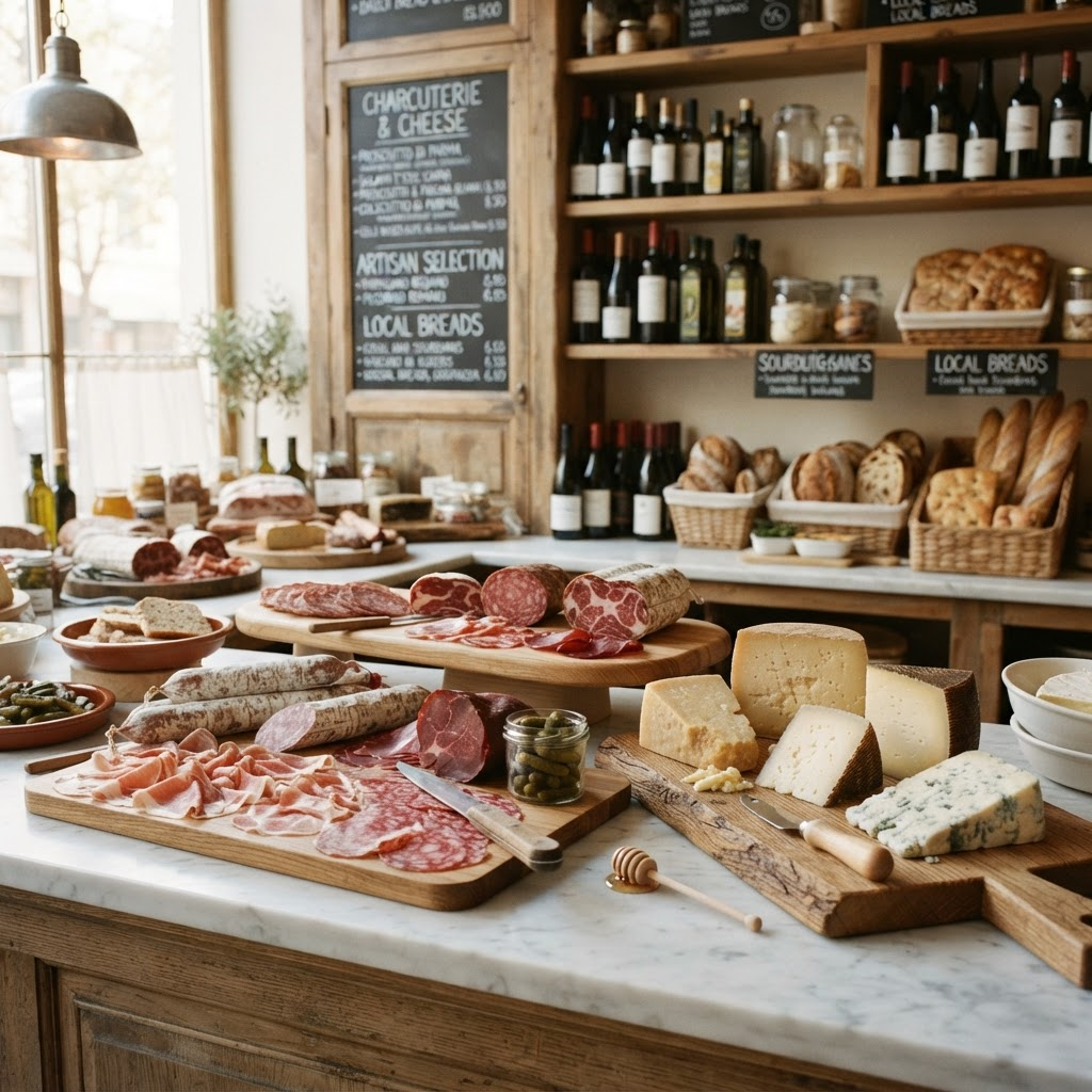 Artisan deli counter with sliced cold cuts and wedges of aged cheese