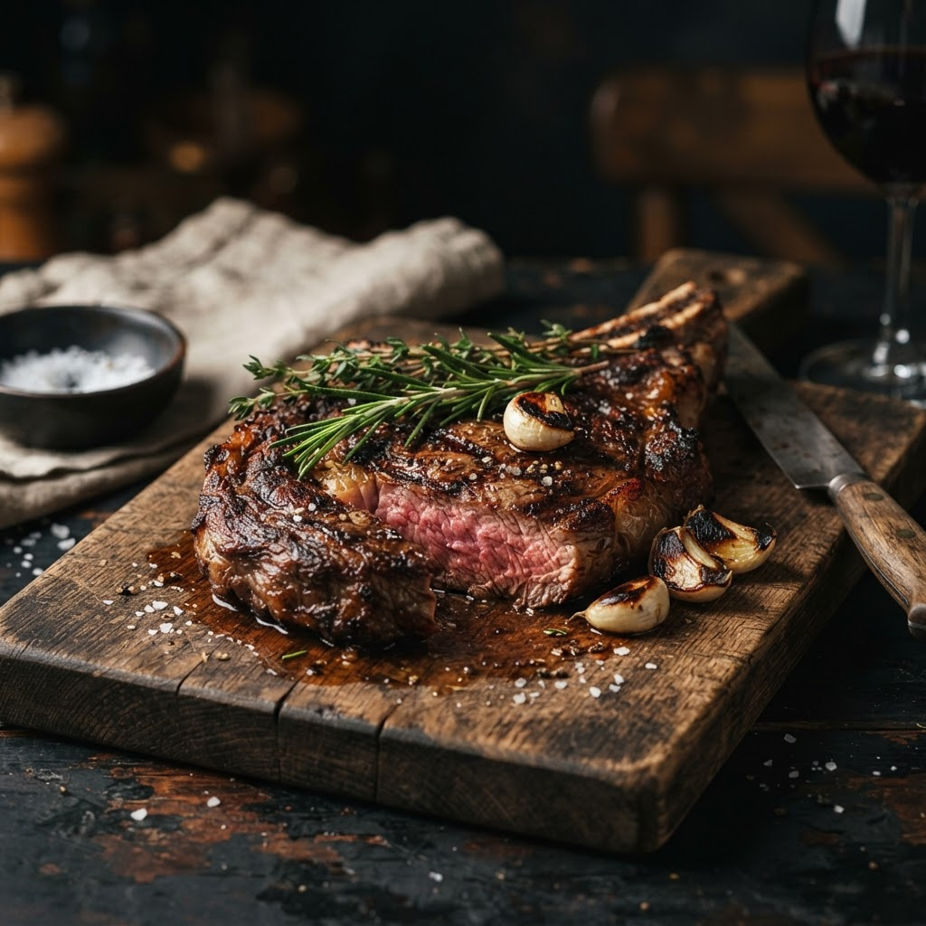 A perfectly seared dry-aged ribeye steak resting on a rustic wooden board
