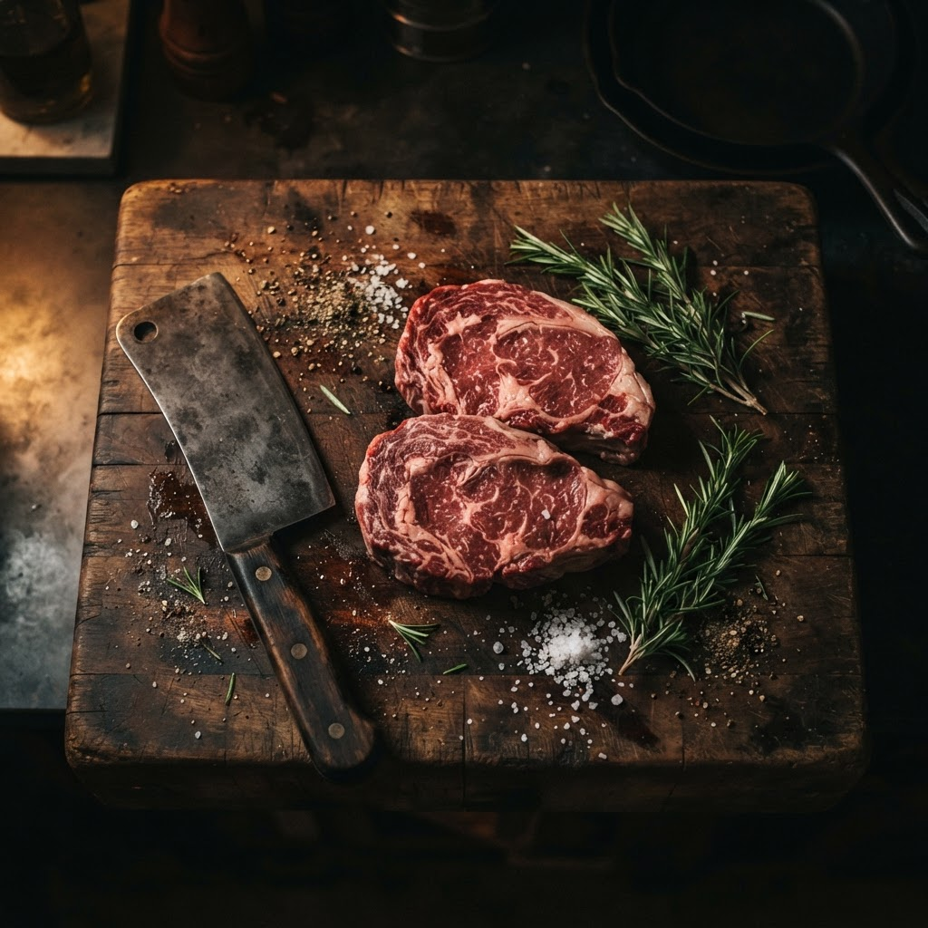 Premium beef cuts on a rustic butcher block