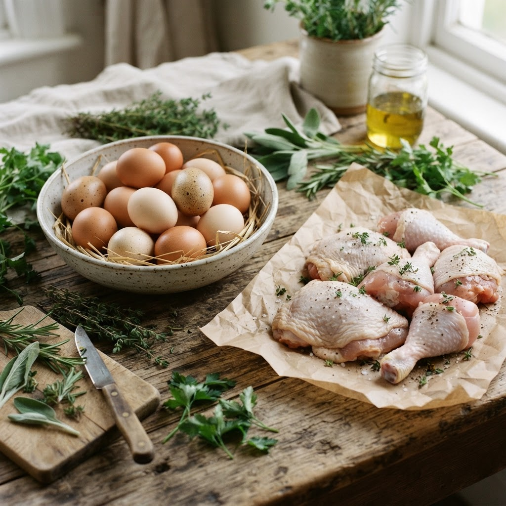 Free-range eggs in a ceramic bowl beside organic chicken on butcher paper