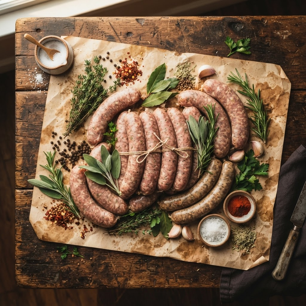 Artisan house-made sausages on vintage butcher paper with fresh herbs